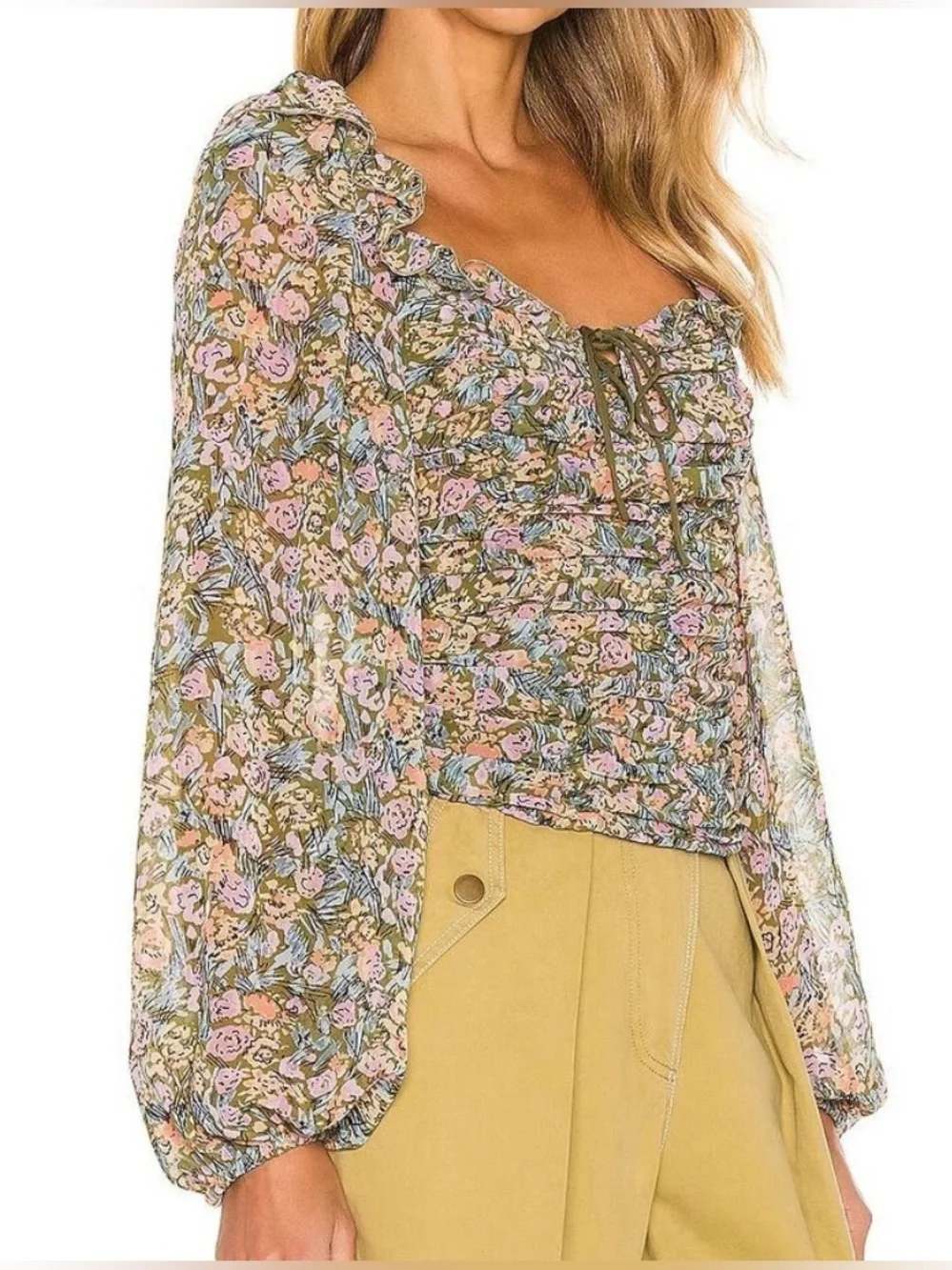 Free People Olive Green and Pink Floral Long Sleeve Ruched Blouse - Size S